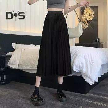 Осенне-зимняя плиссированная юбка, эластичная, с высокой талией, длиной до икры, повседневная свободная юбка, элегантная женская однотонная длинная юбка, женская одежда, уличная одежда XL вино красного