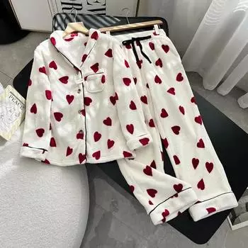 Осенне-зимняя плотная пижама, женский комплект из 2 предметов, фланель в форме сердца, мягкая домашняя одежда, пижама с длинным рукавом и пуговицами, домашняя одежда XS