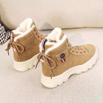 Осенне-зимняя плюшевая хлопковая обувь, сезонная универсальная студенческая теплая спортивная обувь с высоким берцем 35 хаки