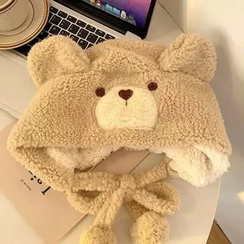 Осенне-зимняя плюшевая шапка-медведь с румянами, защита ушей и толстая шапка-пучок для девочек, езда в холодную погоду Average size 50-60cm хаки