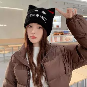Осенне-зимняя плюшевая шапка с кошачьими ушками, универсальная защитная шапка для ушей, вязаная теплая милая шапка Baotou для студенток M56-58cm чёрный
