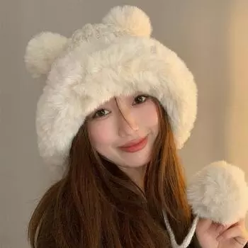 Осенне-зимняя плюшевая шапка с ушками медведя, милая и маленькая, утолщенная, теплая, защитная шапка для ушей, вязаная шапка-пуловер для детей бежевый