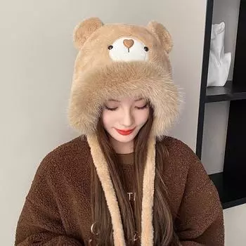 Осенне-зимняя плюшевая шапка с ушками в виде медведя из мультфильма, женская утолщенная защита ушей, теплая шапка-пуловер для верховой езды, шапка-перчатки Lei Feng One Size