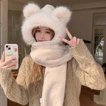 Осенне-зимняя плюшевая шапка женская шарф перчатки интегрированный симпатичный комплект из трех предметов утолщенная ветрозащитная защита ушей теплая шапка Child model (suitable for 4-10 years old) темно-коричневого