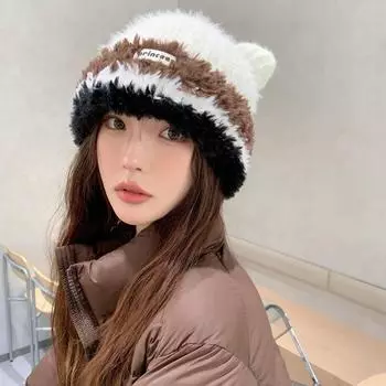 Осенне-зимняя плюшевая шапка женская вязаная двухслойная с изображением медведя большая окружность головы показывающая лицо маленькая уличная теплая шапка-пуловер M (56-58cm) Double Spell Bear чёрный