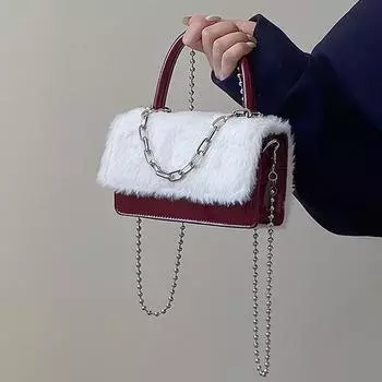 Осенне-зимняя плюшевая сумка через плечо, новая корейская мода, цепочка, сумки через плечо, темперамент, элегантная вечерняя красная маленькая сумочка