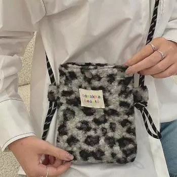 Осенне-зимняя плюшевая сумка с леопардовым принтом для переноски мобильного телефона, помады, маленькая сумка для покупок, сумка-мессенджер через плечо