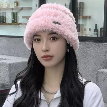 Осенне-зимняя плюшевая теплая шапка с логотипом, защитные шапки для ушей, женские повседневные вязаные шерстяные шапки, модные чёрный