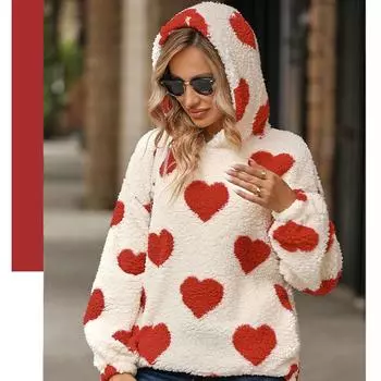 Осенне-зимняя плюшевая толстовка с капюшоном в форме сердца, пуловер с длинными рукавами, толстая теплая и свободная толстовка с капюшоном S красный