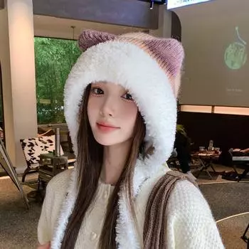 Осенне-зимняя плюшевая вязаная шапка с кошачьими ушками, теплая шерстяная шапка для улицы, женская защитная шапка-бомбер хаки