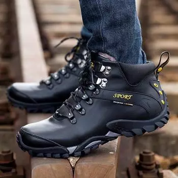 Осенне-зимняя походная обувь из натуральной кожи. Мужская уличная обувь. Дорожная обувь. Походная обувь с высоким берцем. Водонепроницаемая обувь для альпинизма на флисовой подкладке. 38
