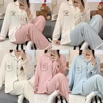 Осенне-зимняя полосатая пижама для женщин с вышитым рисунком медведя, с длинным рукавом, домашняя одежда для студентов, женская пижама-кардиган M