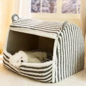 Осенне-зимняя полосатая юрта с маленькими ушками для собак, теплая кошачья будка, палатка для глубокого сна для кошек, будка для домашних животных S (37 * 32 * 28cm)