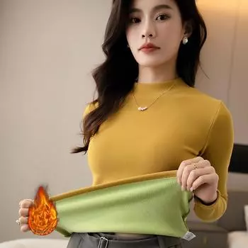 Осенне-зимняя полуводолазка из утолщенного бархата, женская термобелье с круглым вырезом внутри и снаружи M [Recommended 80-50kg] чёрный