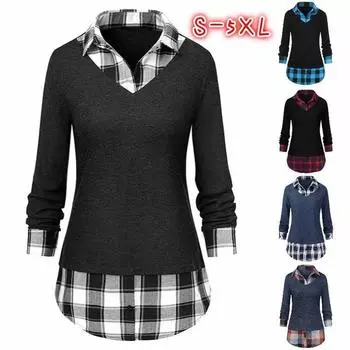 Осенне-зимняя повседневная блузка размера плюс, женская модная блузка в клетку, пэчворк, пуловеры с длинным рукавом, толстовка с отложным воротником S чёрный