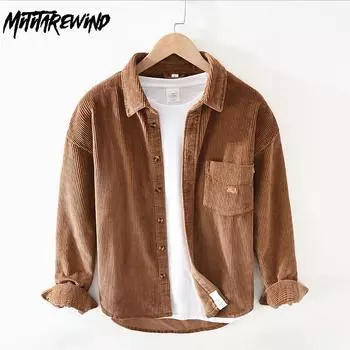 Осенне-зимняя повседневная мужская рубашка с квадратным воротником, из чистого хлопка, с длинным рукавом, на пуговицах, вельветовая мужская одежда в стиле ретро M жёлтый