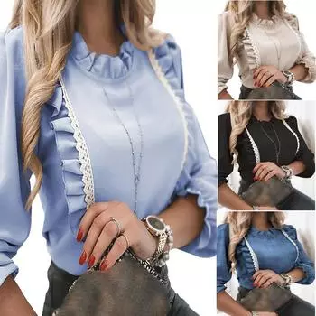 Осенне-зимняя повседневная рубашка с длинными рукавами и рюшами из кружева L чёрный