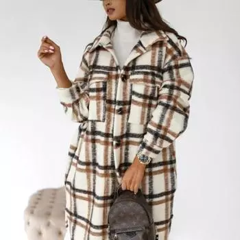 Осенне-зимняя повседневная шерстяная куртка с длинными рукавами и лацканами на пуговицах в клетку S