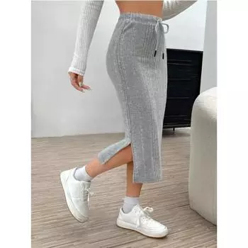 Осенне-зимняя повседневная шерстяная юбка с высокой талией и разрезом на завязках, женская S чёрный