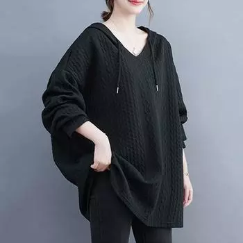 Осенне-зимняя повседневная женская длинная однотонная толстовка с капюшоном больших размеров, вязаный свитер с рукавами реглан One Size чёрный