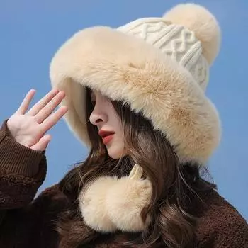 Осенне-зимняя пушистая вязаная утолщенная шапка-пуловер для женщин 2024 года, новая зимняя теплая плюшевая шапка с защитой от ушей, подвесная бейсболка one size(56-58cm)