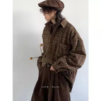 Осенне-зимняя японская клетчатая рубашка, мужская и женская шерстяная свободная рубашка в студенческом стиле, повседневная минималистская рубашка с длинным рукавом, пальто M