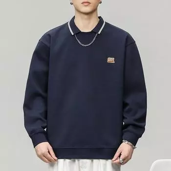 Осенне-зимняя японская ретро-рубашка-поло, свитер, мужская свободная, большого размера, грубый, с воротником-лацканом, с длинными рукавами, модный бренд M королевский синий