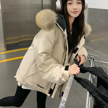 Осенне-зимняя рабочая одежда для пар из хлопка с капюшоном и большим меховым воротником, короткая куртка в стиле пирога, свободная корейская хлопковая куртка XL белый