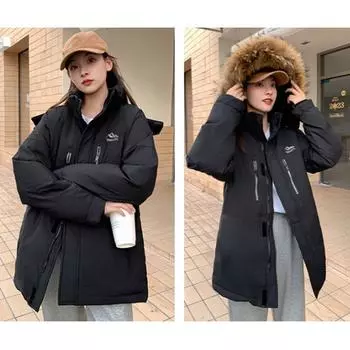 Осенне-зимняя рабочая одежда для пар, пуховые и хлопковые куртки, модная женская одежда, модели средней и большой длины, плотные повседневные хлопковые куртки XXL чёрный