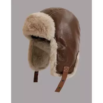 Осенне-зимняя ретро-шляпа пилота из искусственной кожи, плюшевая шапка Lei Feng, мужская и женская теплая защитная шапка для велоспорта, лыжная шапка M56-58cm темно-синий