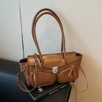 Осенне-зимняя ретро-сумка большой емкости для локомотива hbag универсальная сумка с двойным карманом и замком подмышкой женская сумка через плечо чёрный