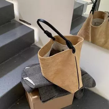 Осенне-зимняя ретро-сумка-ведро из замши контрастного цвета на одно плечо для женщин, большая вместимость, женская сумка-тоут для ношения вручную