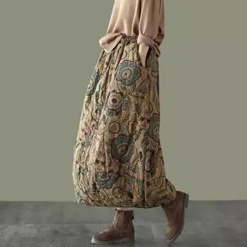 Осенне-зимняя ретро-юбка в этническом стиле из хлопка и льна с принтом, теплая юбка с эластичной резинкой на талии, плотная юбка с цветочным узором, женская хлопковая юбка средней длины One size