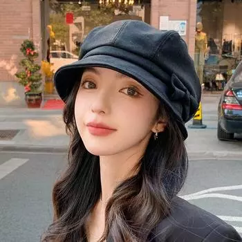 Осенне-зимняя ретро восьмиугольная шляпа с бантом универсальная шляпа для таза дорожный темперамент элегантный берет показать лицо маленькая шляпа-ведро женская M56-58cm