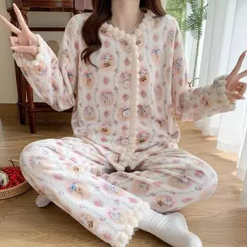 Осенне-зимняя розовая мультяшная пижама женская кардиган утолщенная теплая коралловая бархатная пижама комплект фланелевая женская милая домашняя одежда M