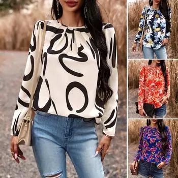 Осенне-зимняя рубашка с круглым вырезом и длинным рукавом с принтом для женщин, блузки S