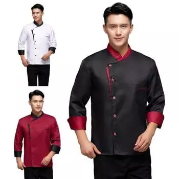 Осенне-зимняя рубашка шеф-повара с длинным рукавом, свободный воротник-стойка, атласная, однобортный, с карманами, однотонная, дышащая, мягкая, унисекс, рубашка для кухонного повара, пекарня 2XL чёрный