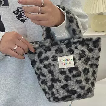 Осенне-зимняя ручная плюшевая маленькая женская сумка с леопардовым принтом, рабочая сумка для покупок