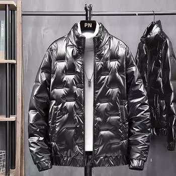 Осенне-зимняя серая куртка на утином пуху, мужская модная красивая новая повседневная однотонная глянцевая куртка-пуховик, мужская одежда M чёрный