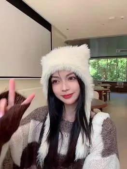 Осенне-зимняя сетчатая красная милая плюшевая шапка-медведь женская с подкладкой, утолщенная, теплая, имитация кроличьей шерсти, ветрозащитная, для защиты ушей, головная повязка One size бежевый