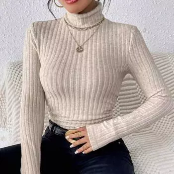 Осенне-зимняя сексуальная текстура Pit Stripe Slim Knit Long Sleeve Женская футболка Новые женские топы с высоким воротом Повседневные женские топы S абрикосовый