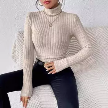 Осенне-зимняя сексуальная текстура Pit Stripe Slim Knit Long Sleeve Женская футболка с высоким воротом Женские топы Повседневные женские топы S абрикосовый
