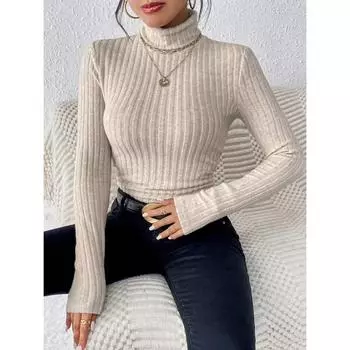 Осенне-зимняя сексуальная текстура Pit Stripe Slim Knit Long Sleeve Женская футболка Новые женские топы с высоким воротом Повседневные женские топы XS