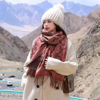 Осенне-зимняя шаль из искусственного кашемира, женский очень большой двусторонний толстый шарф с принтом кофейный/красный