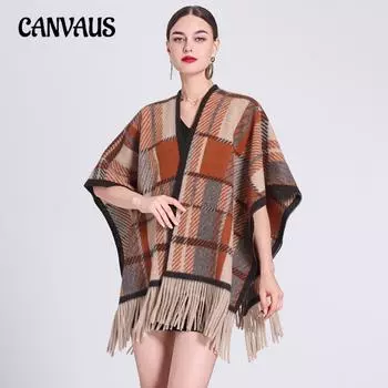 Осенне-зимняя шаль с бахромой, женская клетчатая накидка, кардиган большого размера, накидка, шарф, твидовый жакет One Size верблюд