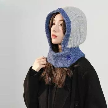 Осенне-зимняя шапка-балаклава для женщин в корейском стиле, модная теплая шапка-шарф со встроенной защитой ушей, пуловерная шапка