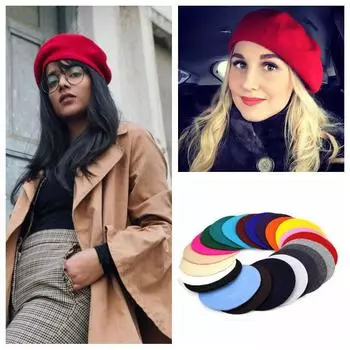 Осенне-зимняя шапка-берет в стиле художника, женская шерстяная винтажная однотонная женская теплая шапка для ходьбы красный