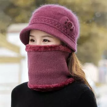 Осенне-зимняя шапка для женщин среднего возраста, толстый бархат, вязаная шерстяная бабушкина шапка, шарф, комплект One size