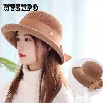 Осенне-зимняя шапка из синели, британский цилиндр, вязаная шапка в рыбацком стиле, модная шапка с бантом для студенток One size