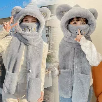 Осенне-зимняя шапка-медведь, женский комплект из четырех предметов: шарф и перчатки, милая теплая шапка, детская плюшевая шапка, защищающая от холода и ветра average size розовый